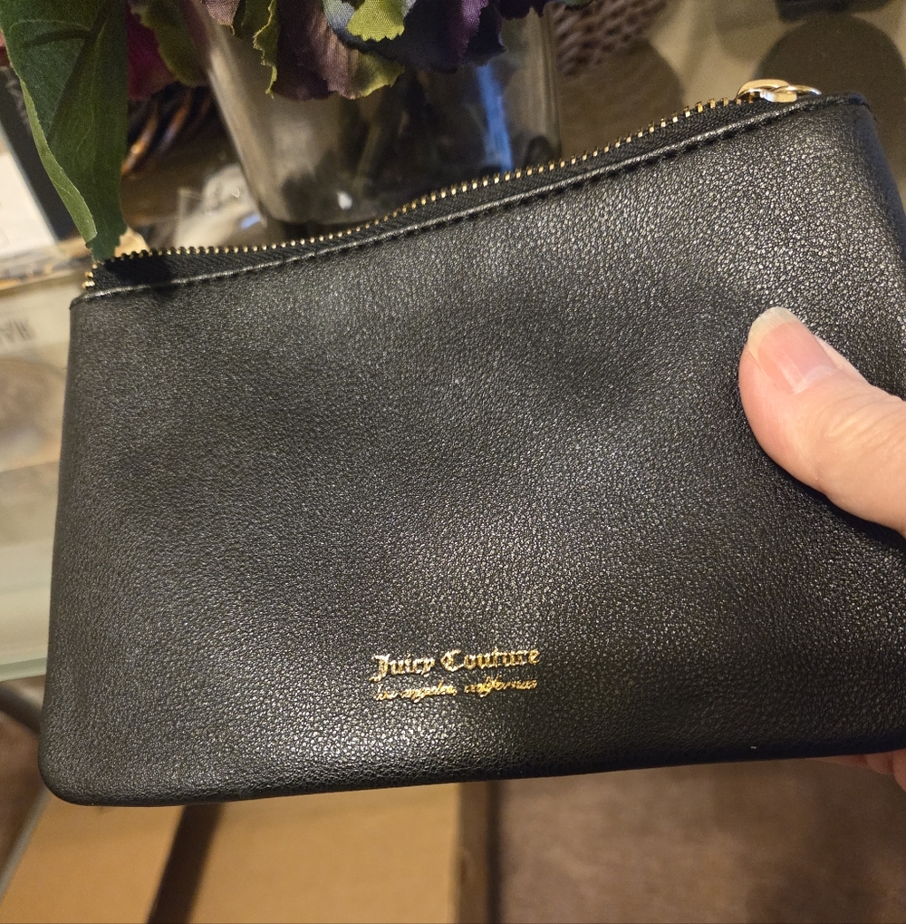 Juicy Couture Black Leather Zip Wristlet with Gold Logo Like New